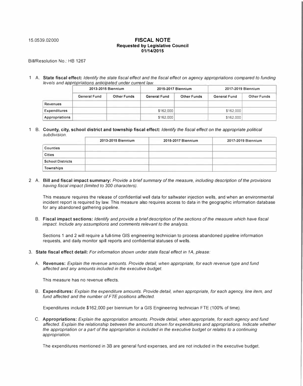 FISCAL NOTE Requested by Legislative Council 0111412015