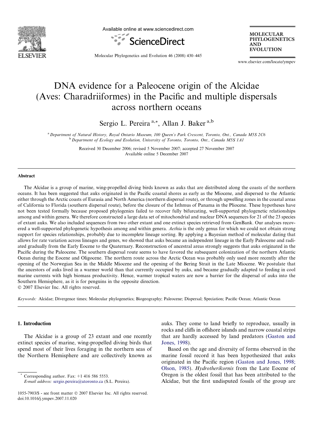 DNA Evidence for a Paleocene Origin of the Alcidae (Aves: Charadriiformes) in the Pacific and Multiple Dispersals Across Norther