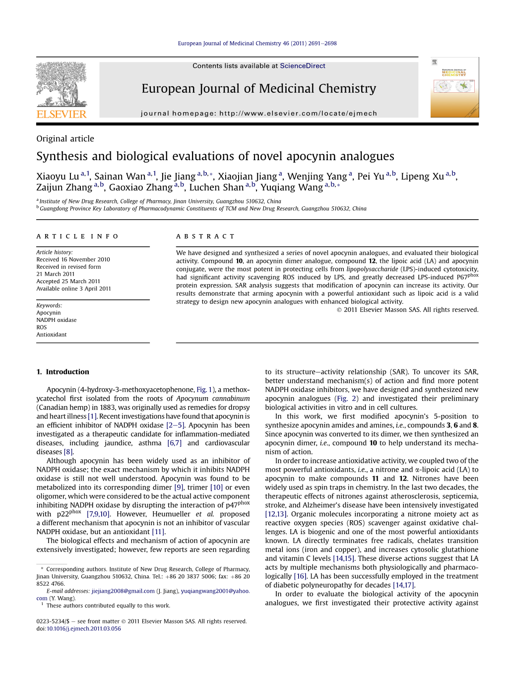 Synthesis and Biological Evaluations of Novel Apocynin Analogues