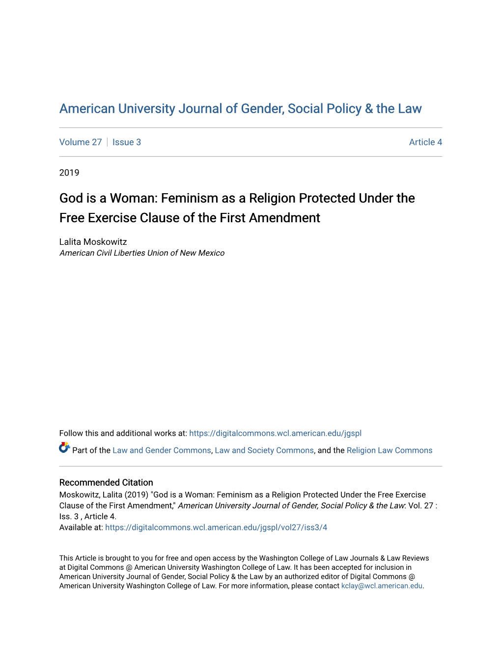 Feminism As a Religion Protected Under the Free Exercise Clause of the First Amendment
