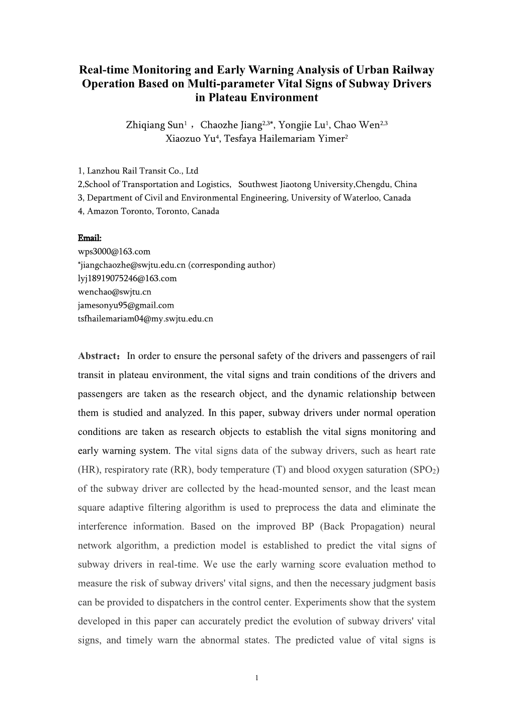 Real-Time Monitoring and Early Warning Analysis of Urban Railway Operation Based on Multi-Parameter Vital Signs of Subway Drivers in Plateau Environment