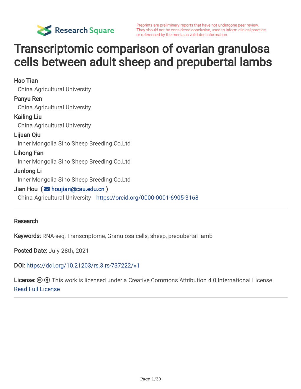 Transcriptomic Comparison of Ovarian Granulosa Cells Between Adult Sheep and Prepubertal Lambs