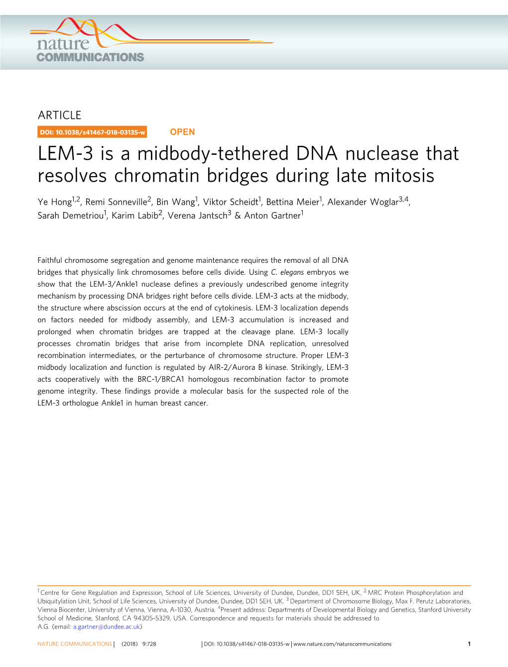 LEM-3 Is a Midbody-Tethered DNA Nuclease That Resolves Chromatin Bridges During Late Mitosis