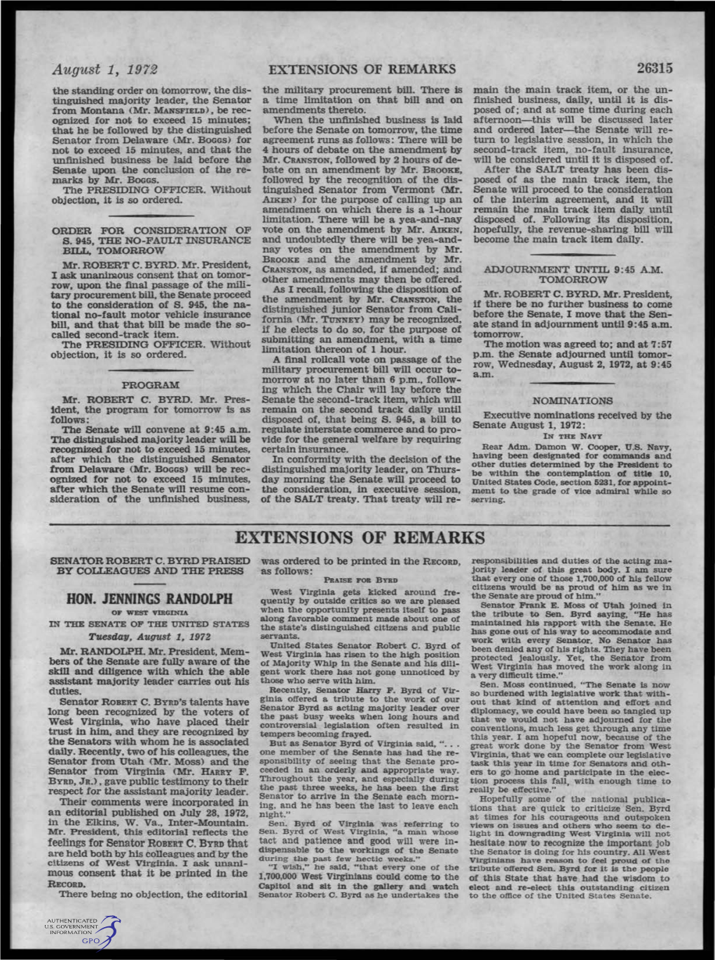 August 1, 1972 EXTENSIONS of REMARKS 26315 the Standing Order on Tomorrow, the Dis­ the Military Procurement Bill