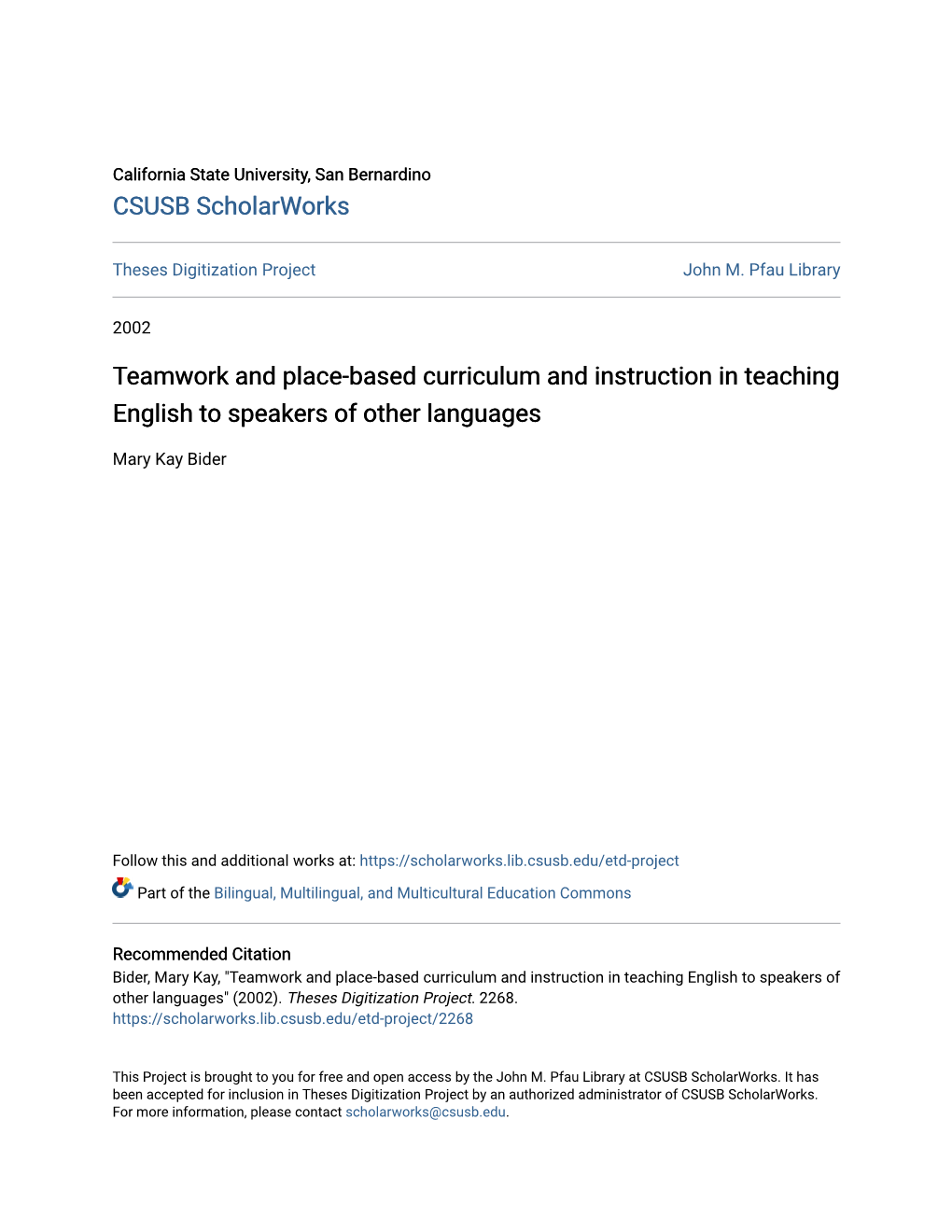 Teamwork and Place-Based Curriculum and Instruction in Teaching English to Speakers of Other Languages