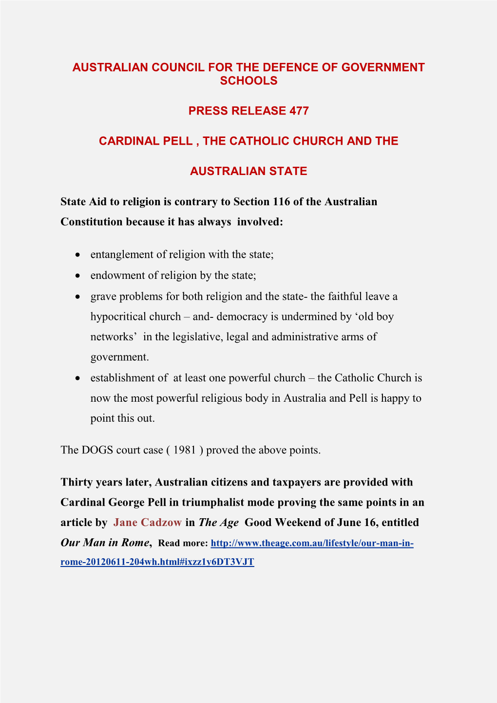 Cardinal Pell, the Catholic Church and the Australian State