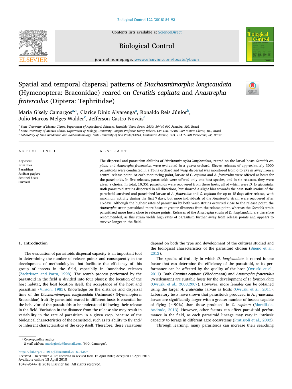 Spatial and Temporal Dispersal Patterns of Diachasmimorpha
