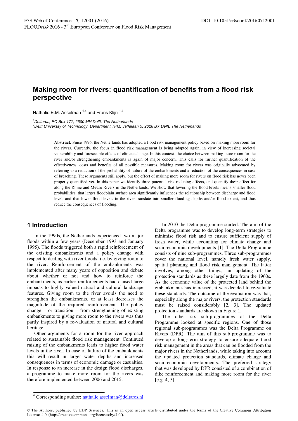 Making Room for Rivers: Quantification of Benefits from a Flood Risk Perspective