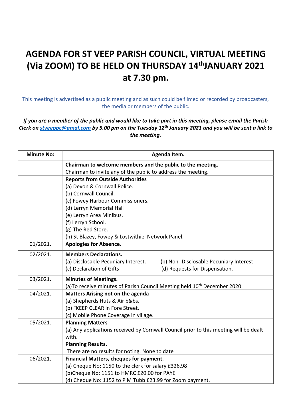 AGENDA for ST VEEP PARISH COUNCIL, VIRTUAL MEETING (Via ZOOM) to BE HELD on THURSDAY 14Thjanuary 2021 at 7.30 Pm