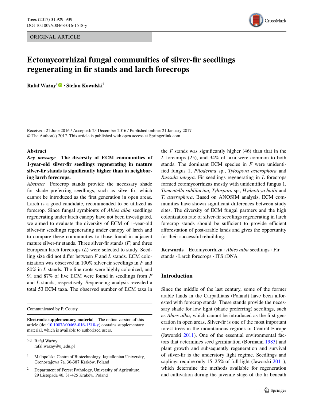 Ectomycorrhizal Fungal Communities of Silver-Fir Seedlings Regenerating In