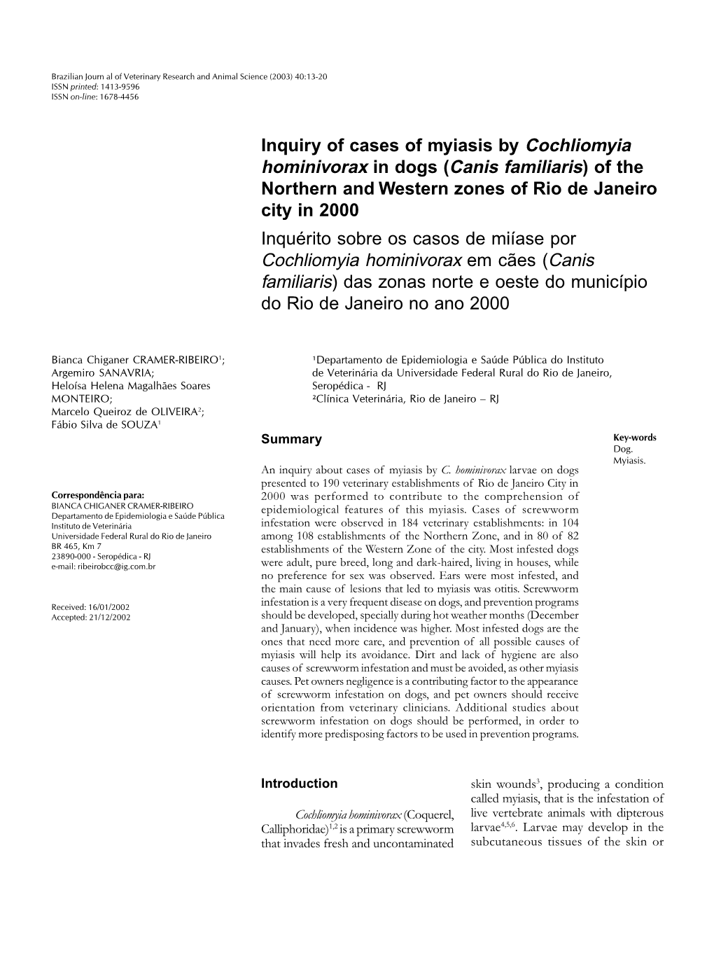 Hominivorax in Dogs (Canis Familiaris)