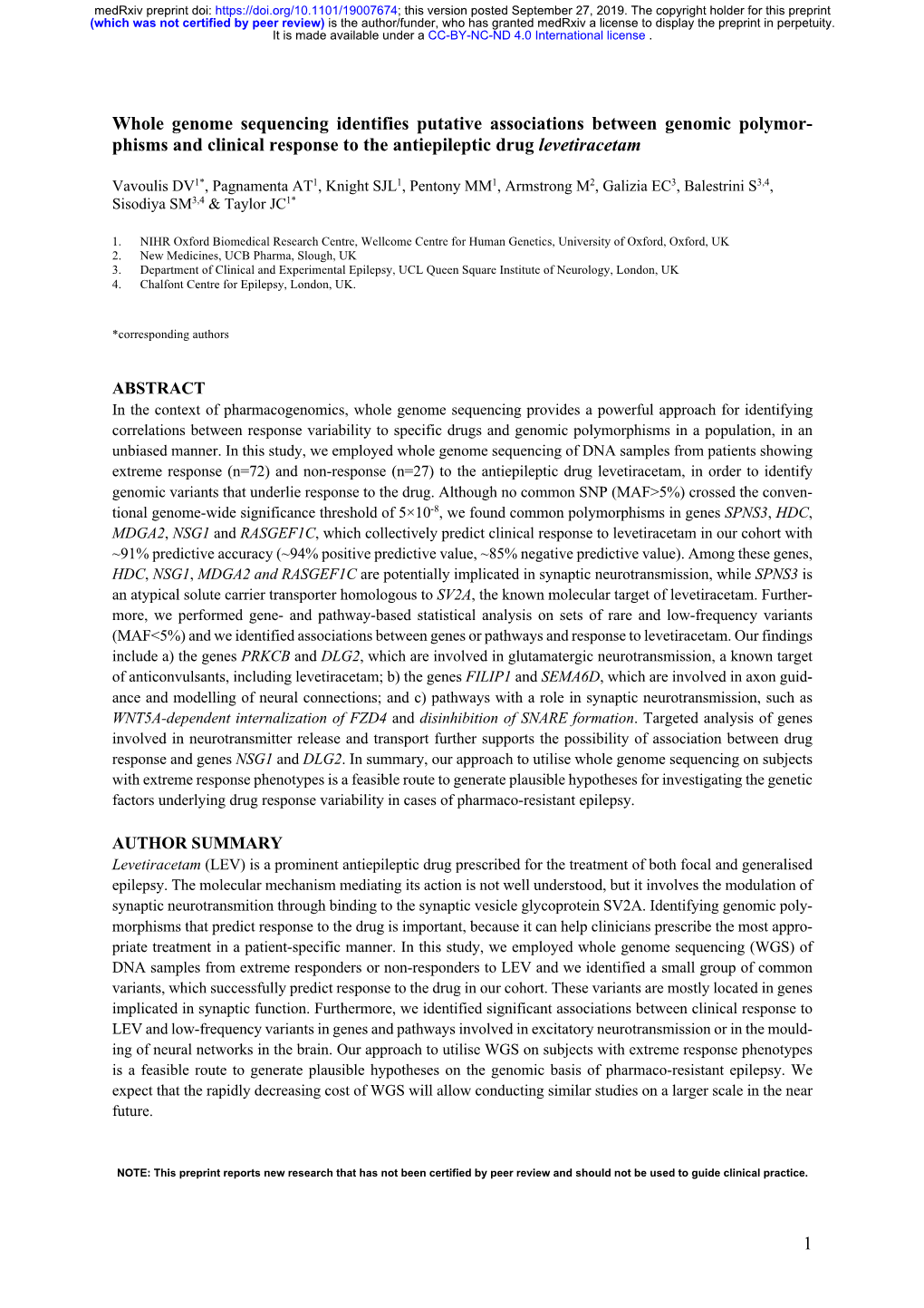 Whole Genome Sequencing Identifies Putative Associations Between Genomic Polymorphisms and Clinical Response to the Antiepilepti