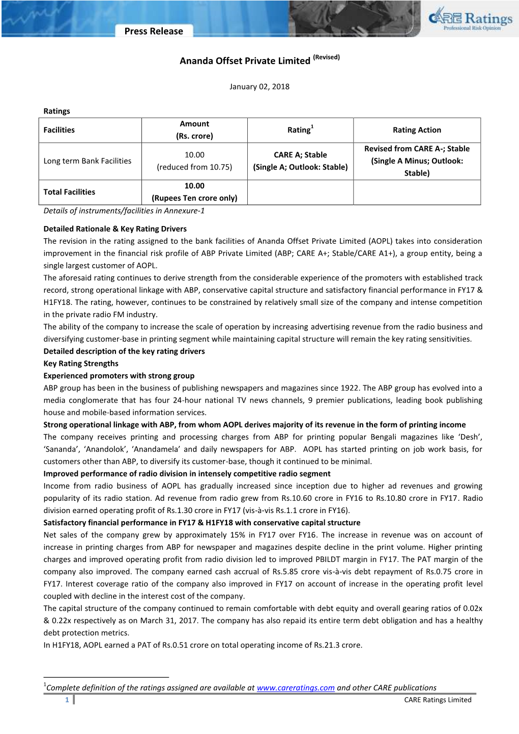 Press Release Ananda Offset Private Limited