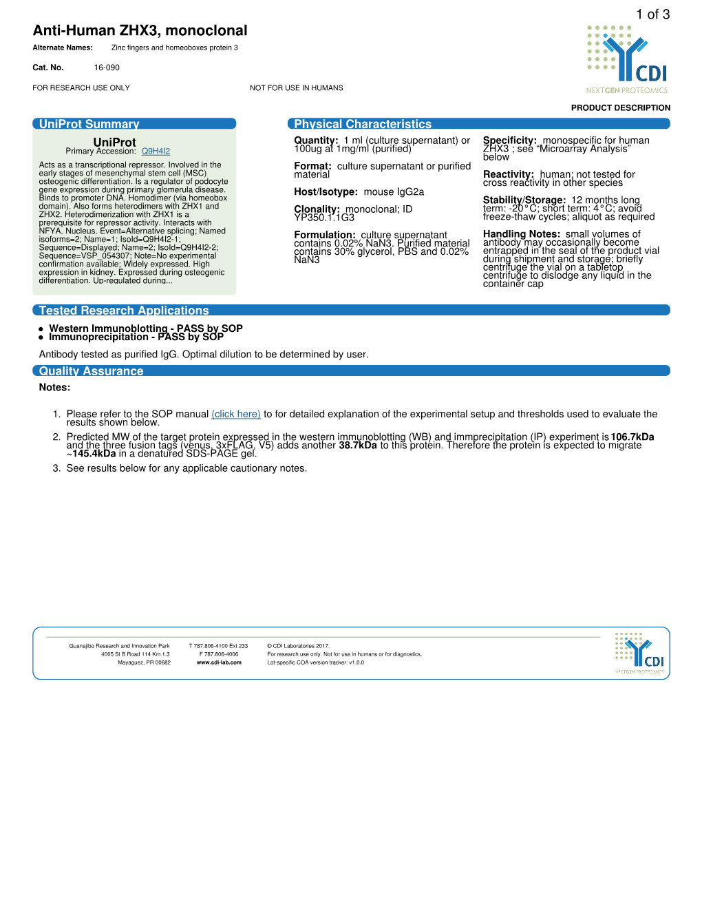 Anti-Human ZHX3, Monoclonal Alternate Names: Zinc Fingers and Homeoboxes Protein 3