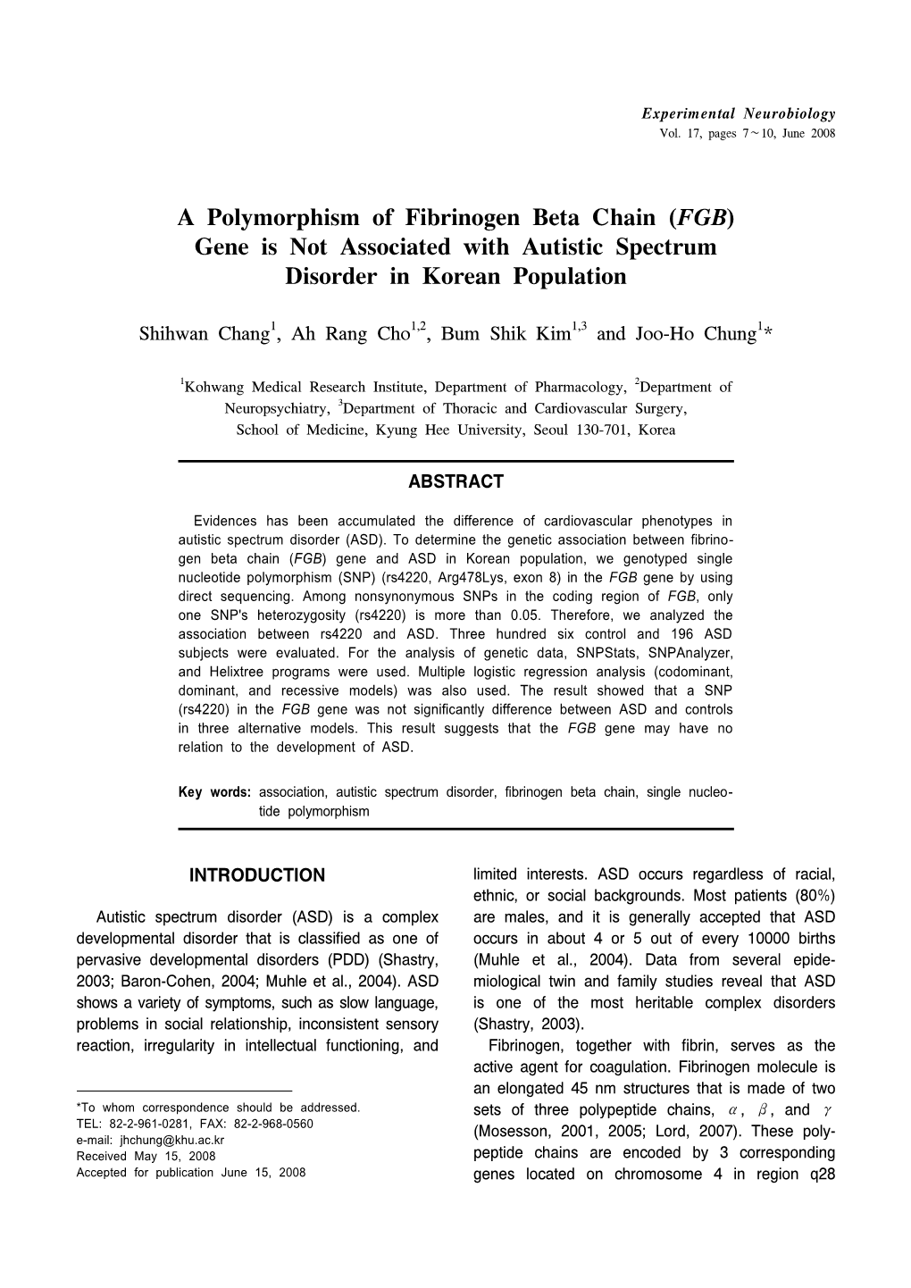 A Polymorphism of Fibrinogen Beta Chain ( FGB) Gene Is Not