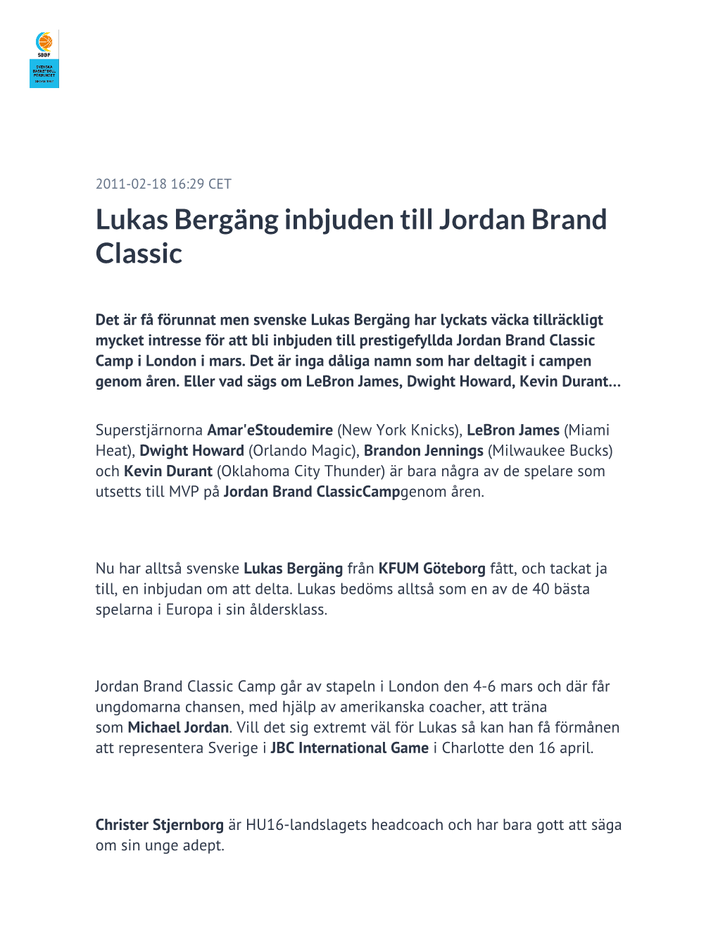 Lukas Bergäng Inbjuden Till Jordan Brand Classic