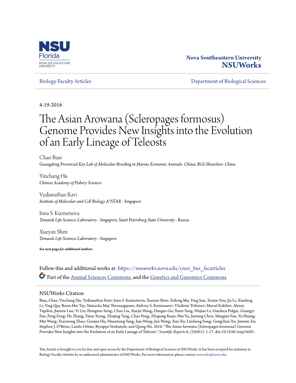 The Asian Arowana (Scleropages Formosus) Genome Provides New