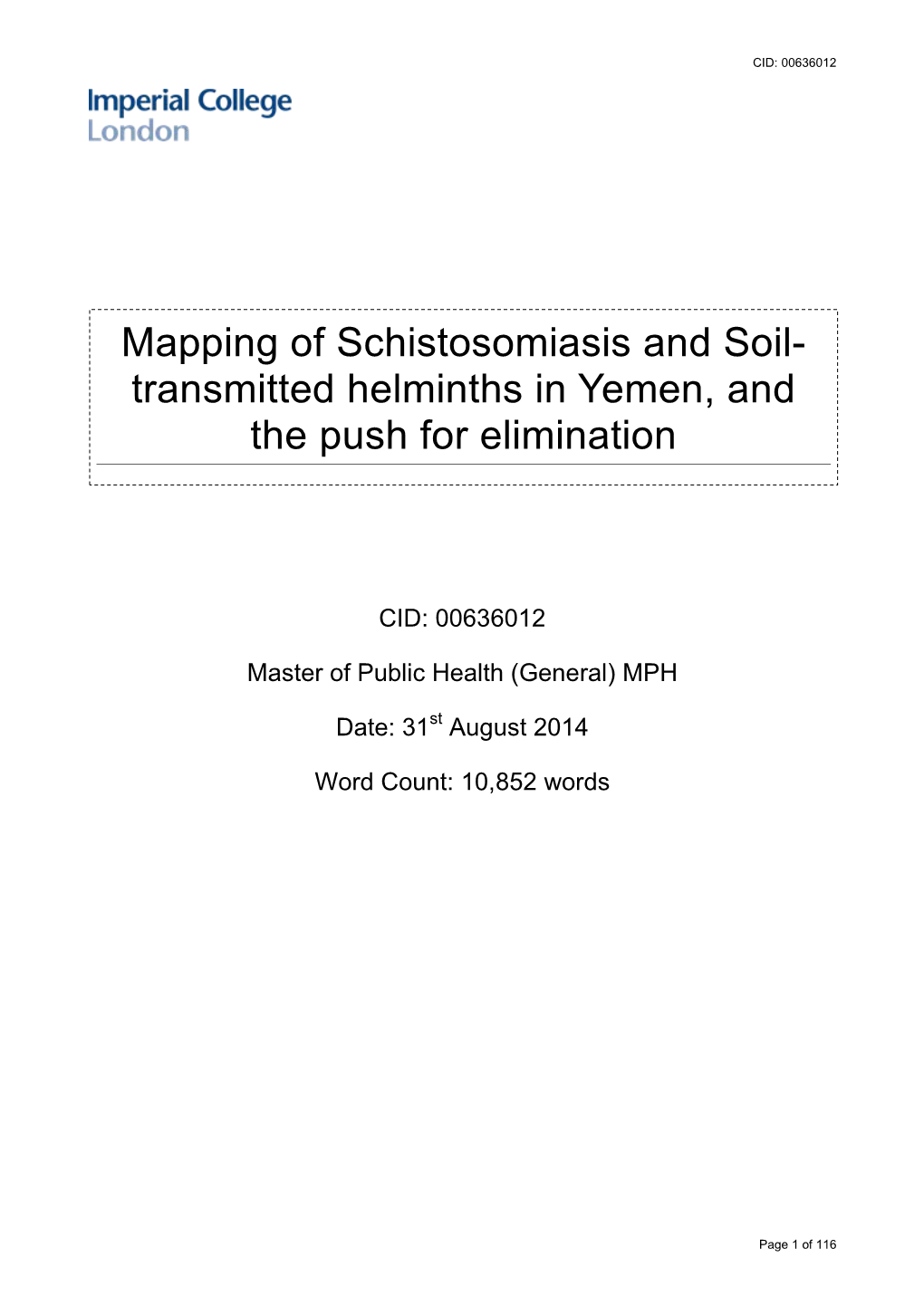 Mapping of Schistosomiasis and Soil- Transmitted Helminths in Yemen, and the Push for Elimination