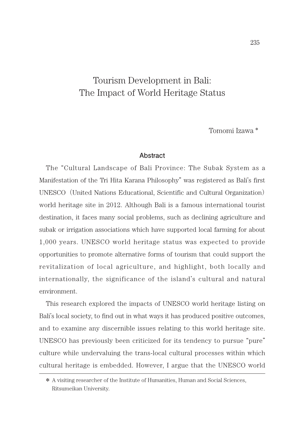 Tourism Development in Bali: the Impact of World Heritage Status