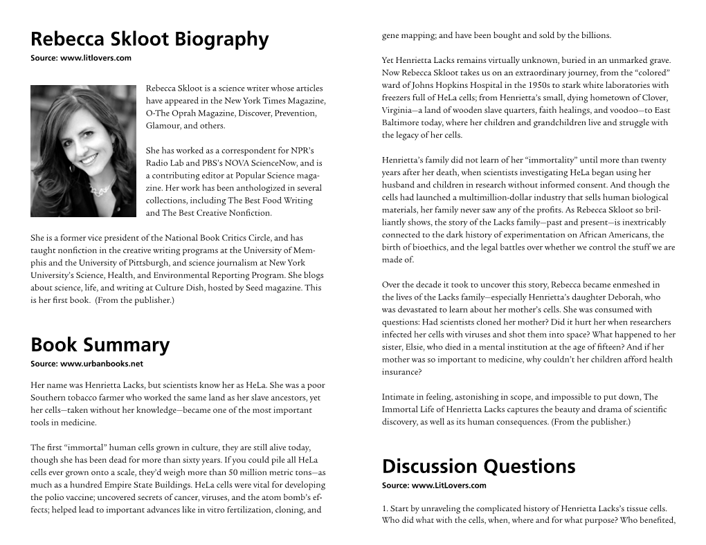 Rebecca Skloot Biography Book Summary Discussion Questions
