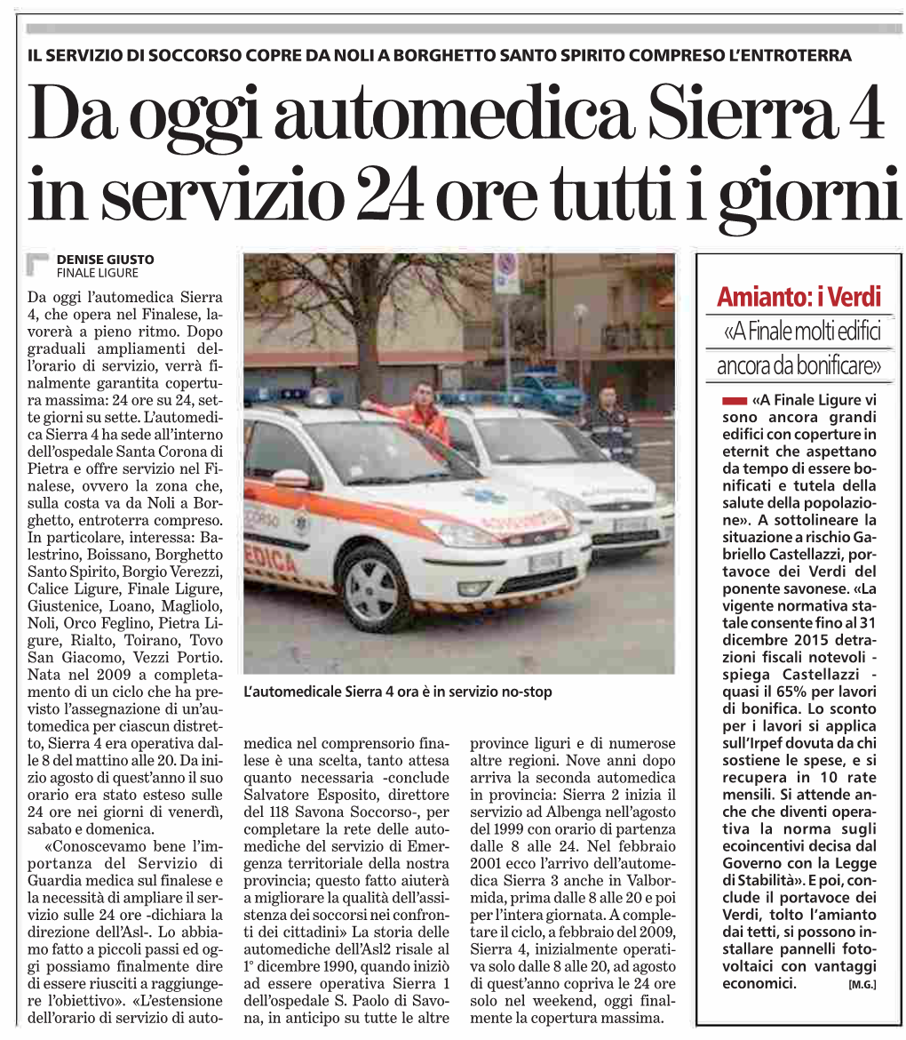 Da Oggi Automedica Sierra 4 in Servizio 24 Ore Tutti I Giorni