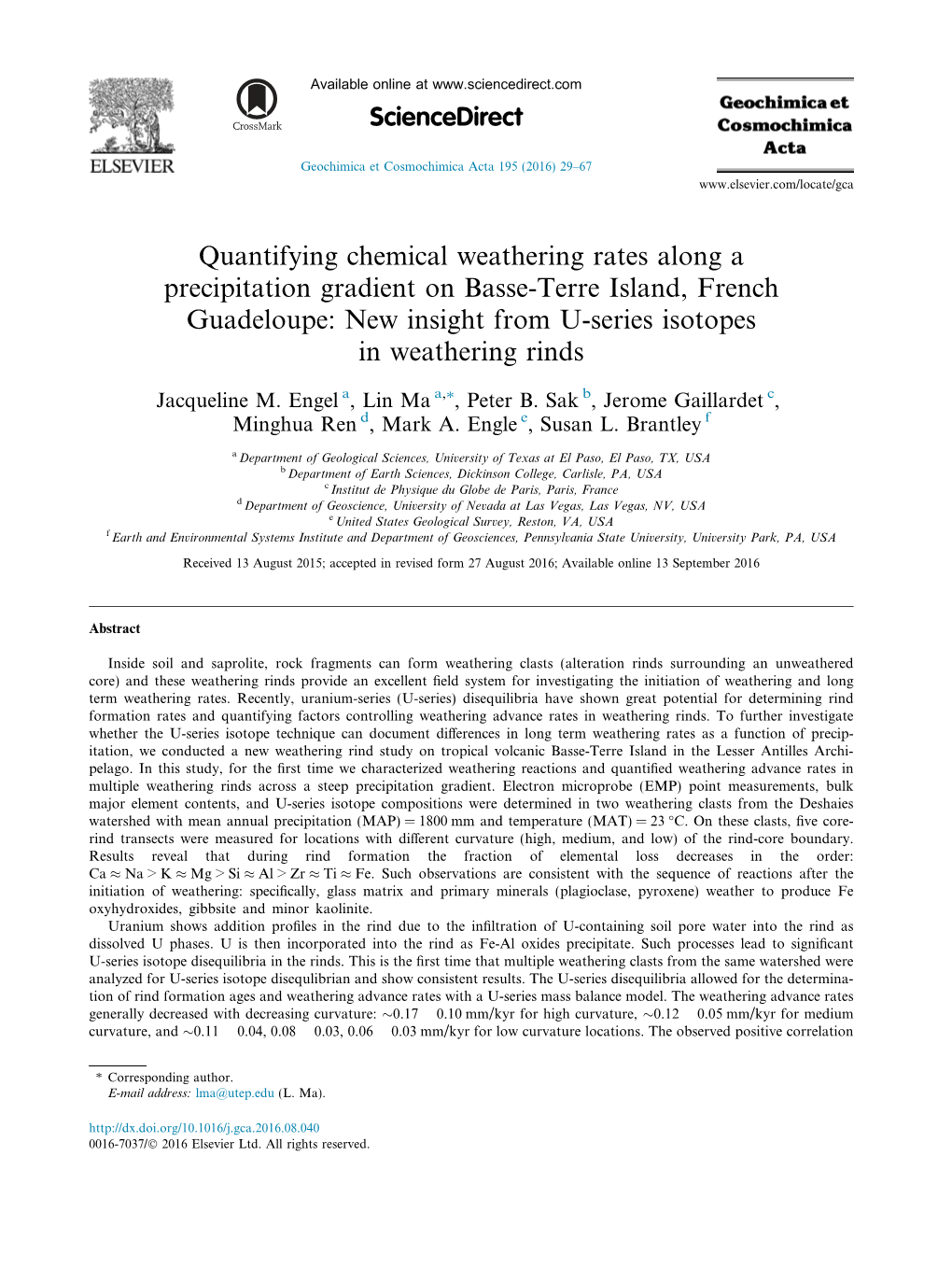 Quantifying Chemical Weathering Rates Along a Precipitation Gradient on Basse-Terre Island, French Guadeloupe: New Insight from U-Series Isotopes in Weathering Rinds