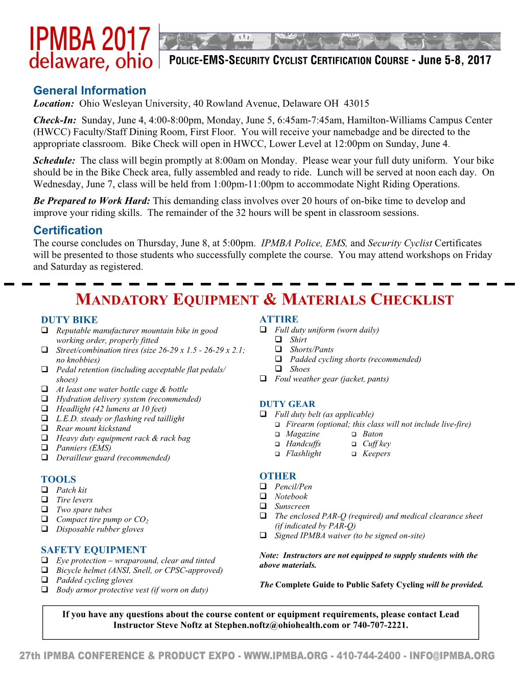 Mandatory Equipment & Materials Checklist