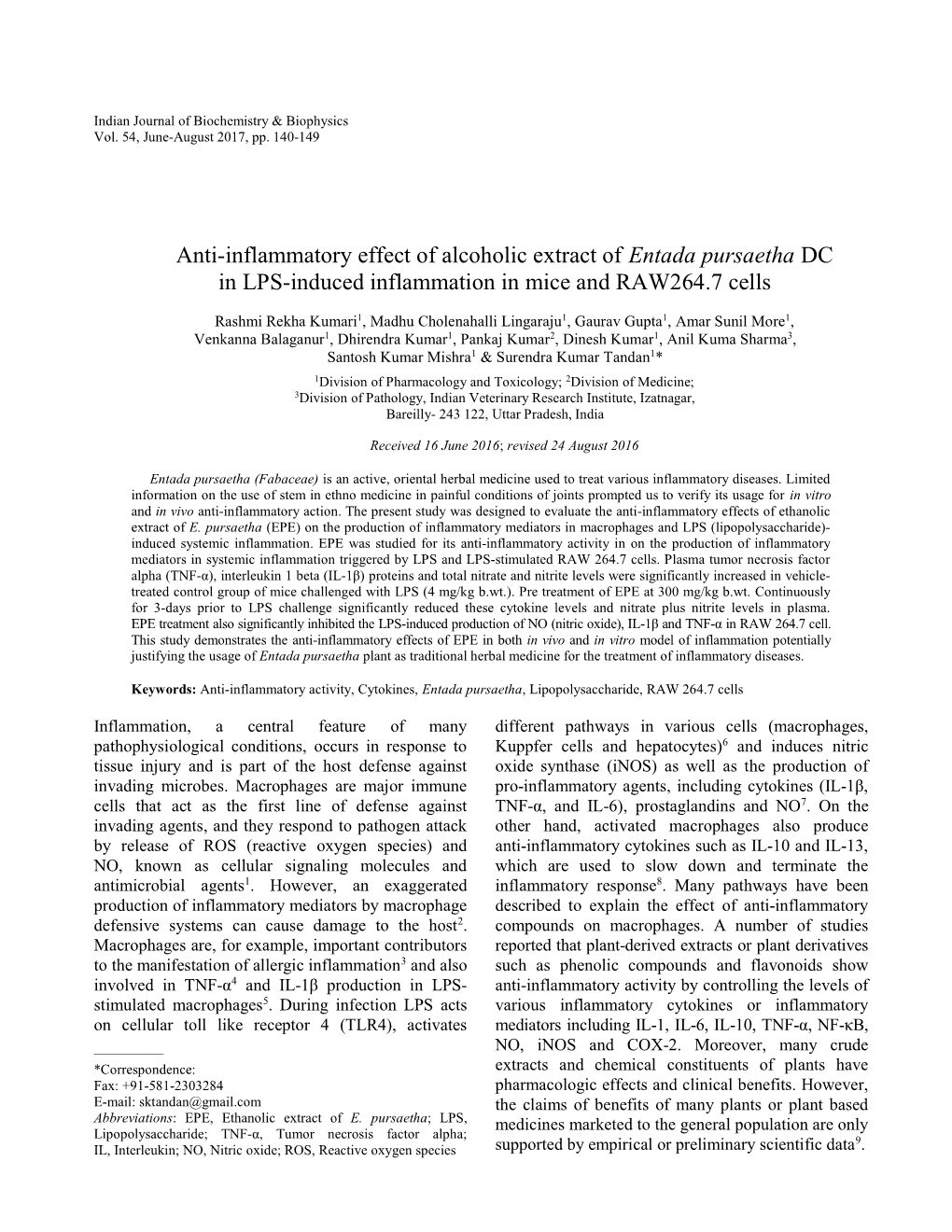 Anti-Inflammatory Effect of Alcoholic Extract of Entada Pursaetha DC in LPS-Induced Inflammation in Mice and RAW264.7 Cells