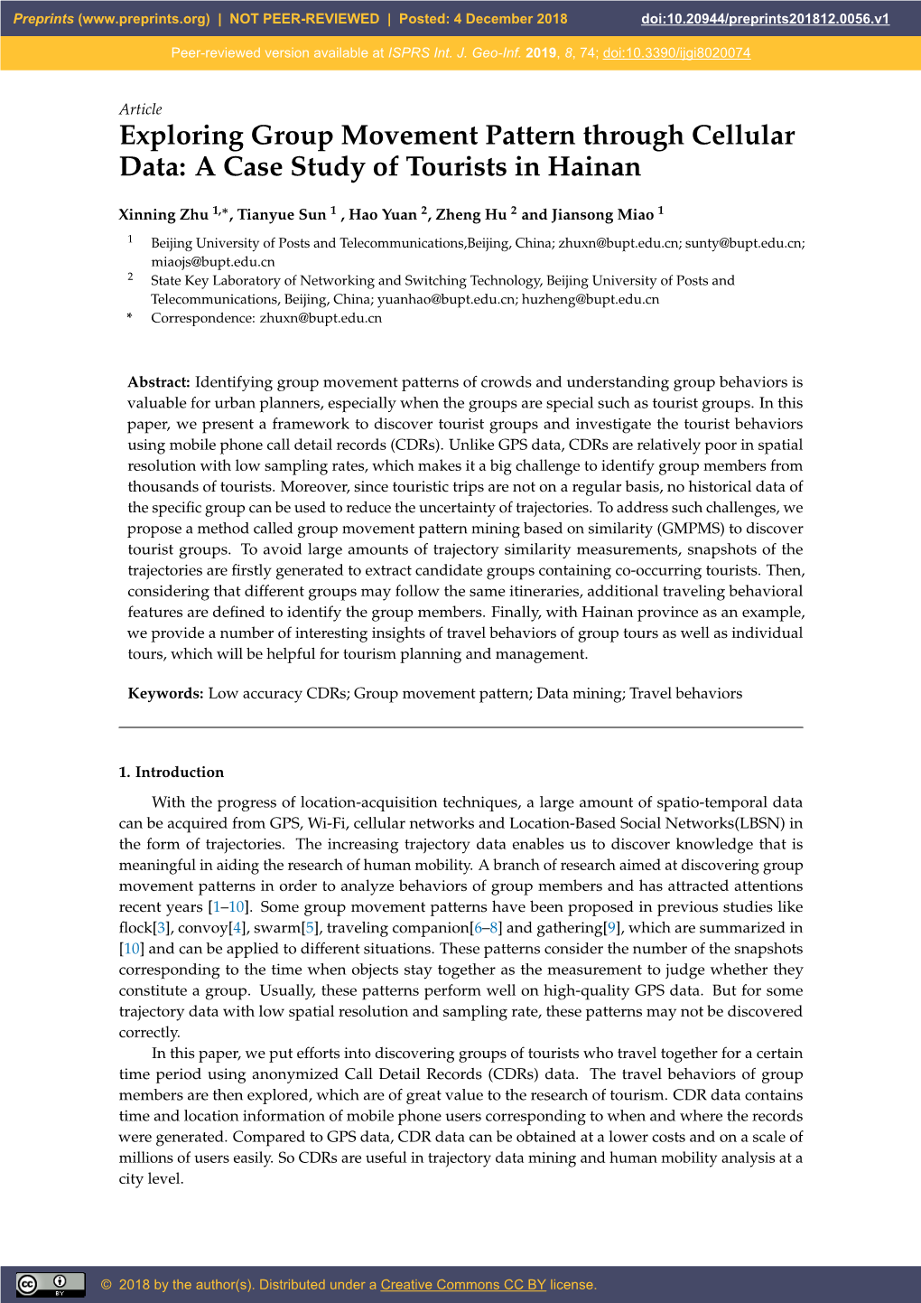 Exploring Group Movement Pattern Through Cellular Data: a Case Study of Tourists in Hainan