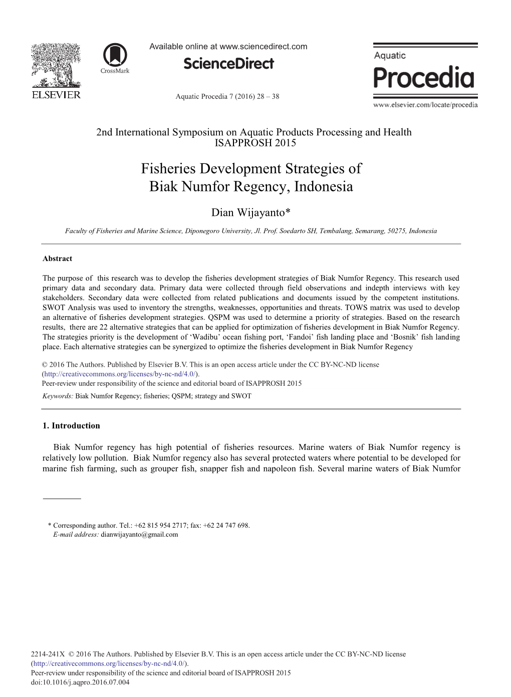 Fisheries Development Strategies of Biak Numfor Regency, Indonesia