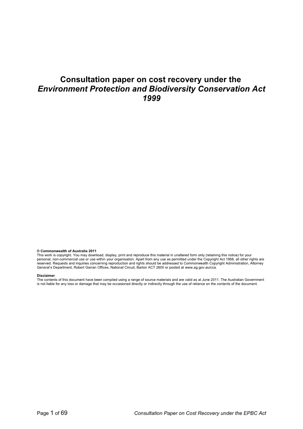 Consultation Paper on Cost Recovery Under the Environment Protection and Biodiversity
