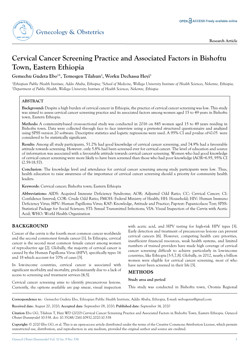 Cervical Cancer Screening Practice and Associated Factors in Bishoftu