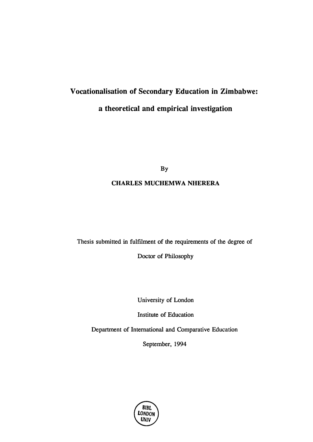 Vocationalisation of Secondary Education in Zimbabwe