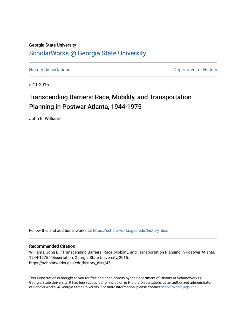 Transcending Barriers: Race, Mobility, and Transportation Planning in Postwar Atlanta, 1944-1975