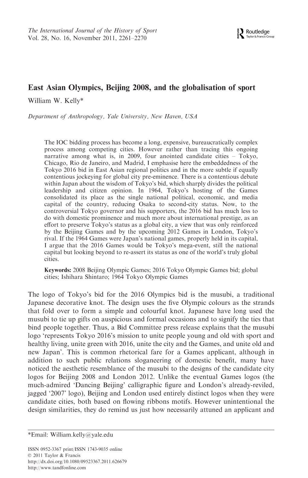 East Asian Olympics, Beijing 2008, and the Globalisation of Sport William W