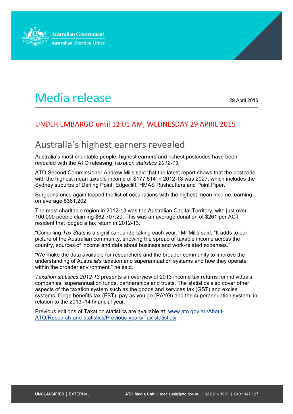 Media Release 29 April 2015