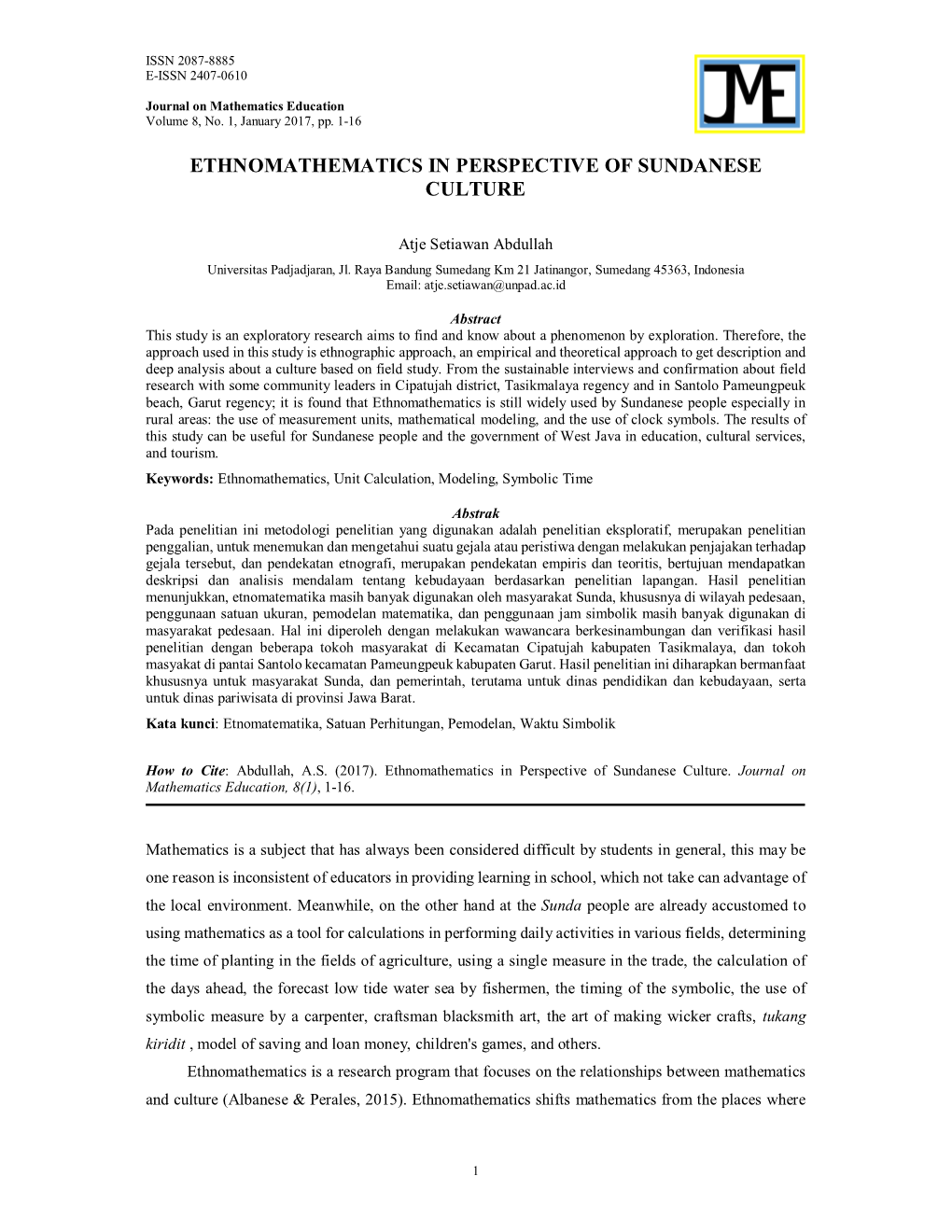 Ethnomathematics in Perspective of Sundanese Culture