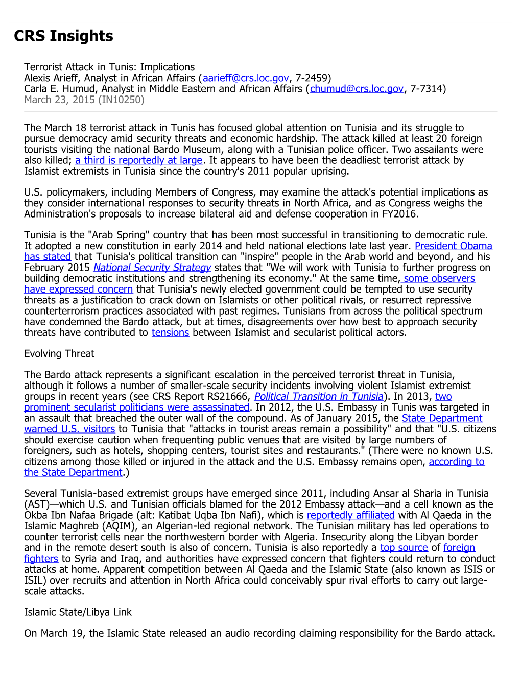 Terrorist Attack in Tunis: Implications Alexis Arieff, Analyst in African Affairs (Aarieff@Crs.Loc.Gov, 7-2459) Carla E