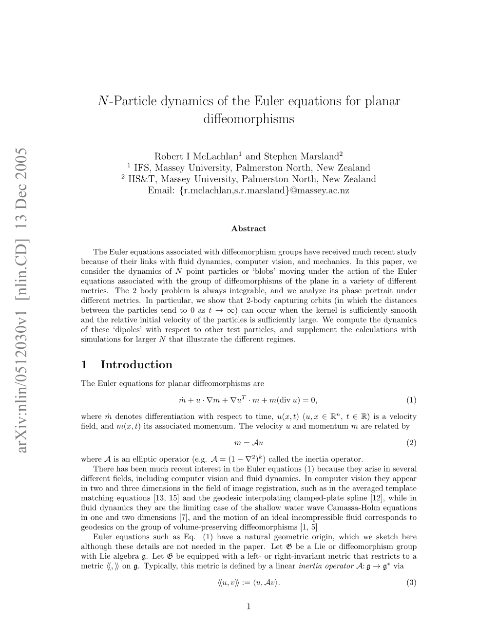 N-Particle Dynamics of the Euler Equations for Planar Diffeomorphisms