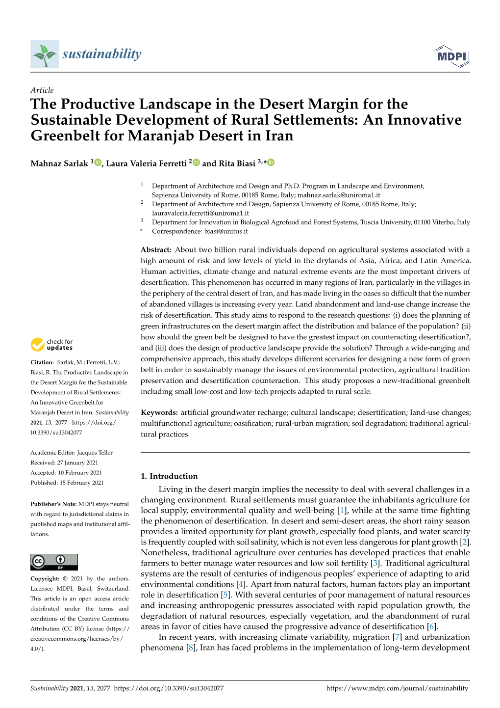 The Productive Landscape in the Desert Margin for the Sustainable Development of Rural Settlements: an Innovative Greenbelt for Maranjab Desert in Iran