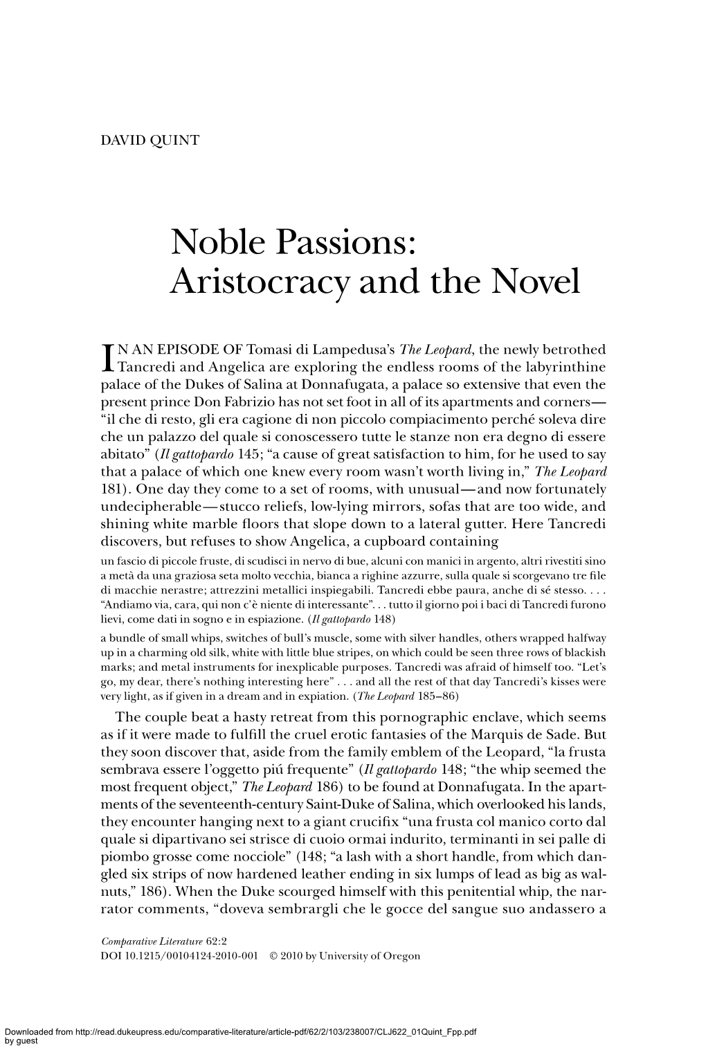 Noble Passions: Aristocracy and the Novel