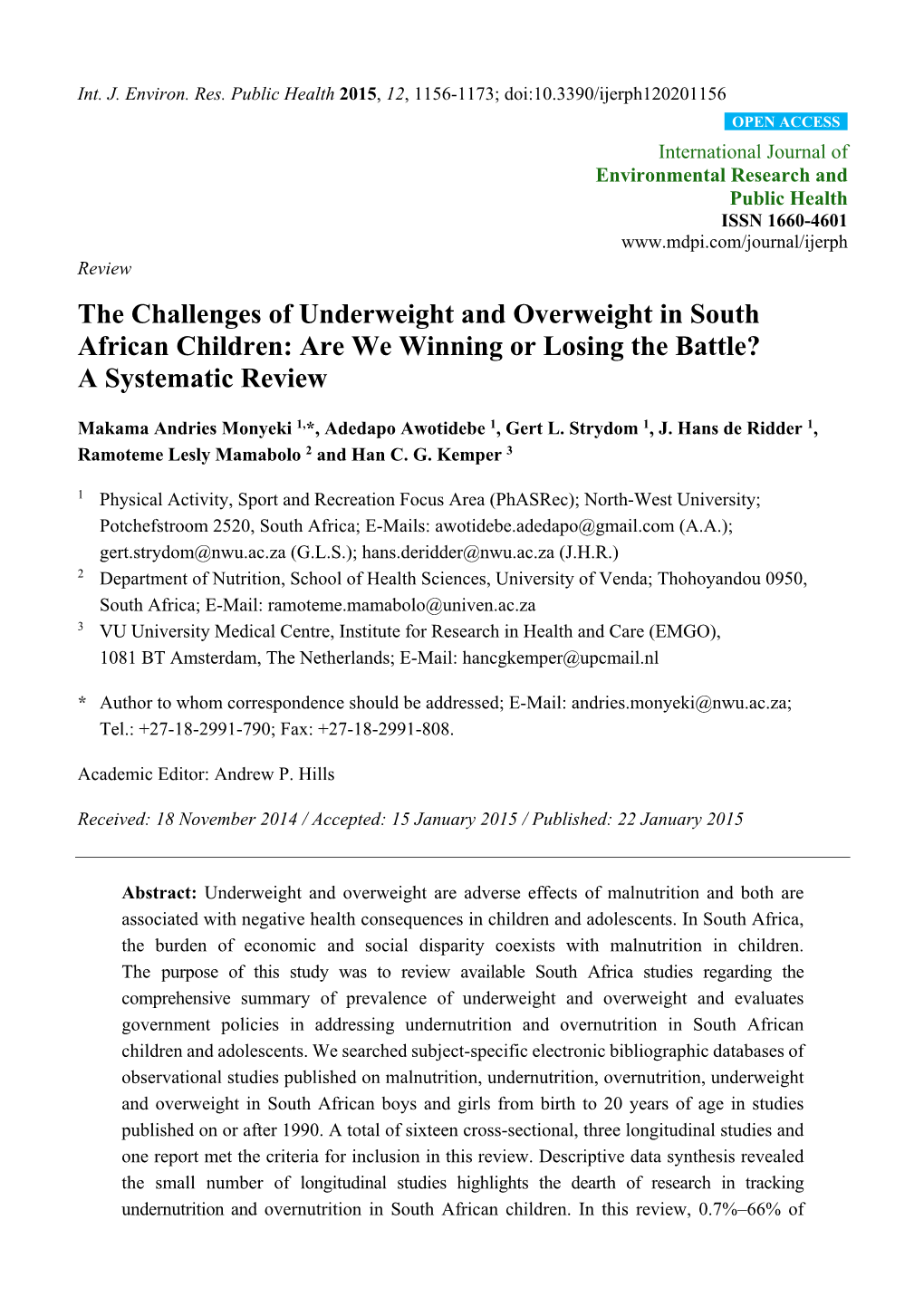 The Challenges of Underweight and Overweight in South African Children: Are We Winning Or Losing the Battle? a Systematic Review