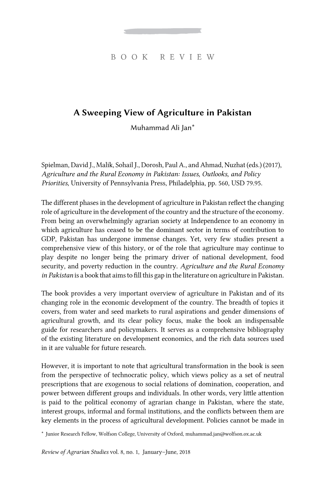 A Sweeping View of Agriculture in Pakistan Muhammad Ali Jan*