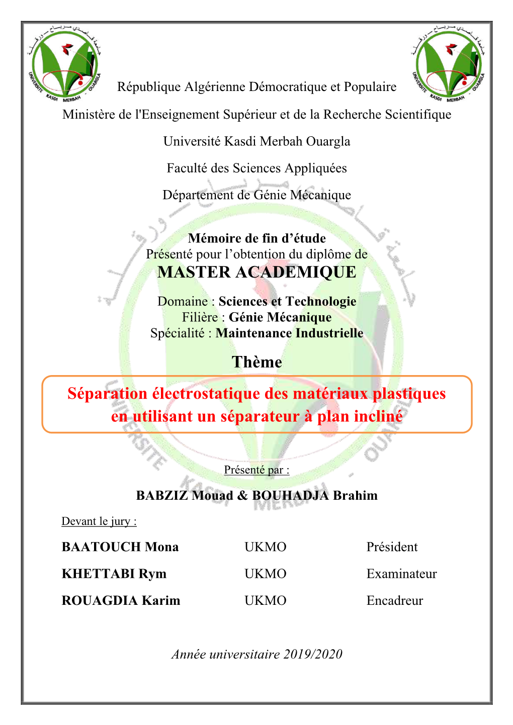 MASTER ACADEMIQUE Thème Séparation Électrostatique Des