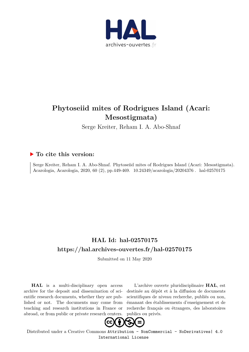 Phytoseiid Mites of Rodrigues Island (Acari: Mesostigmata) Serge Kreiter, Reham I