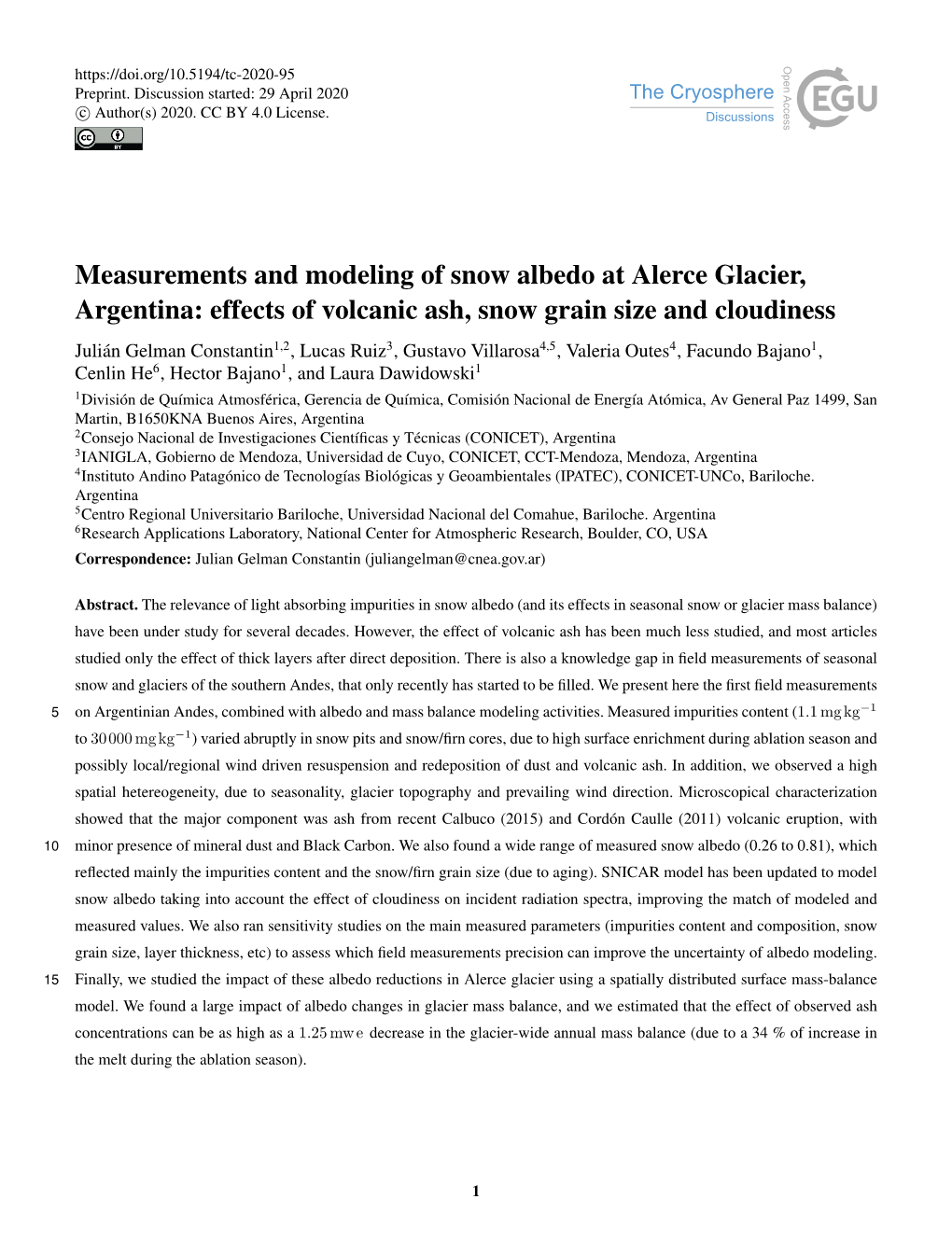 Measurements and Modeling of Snow Albedo at Alerce