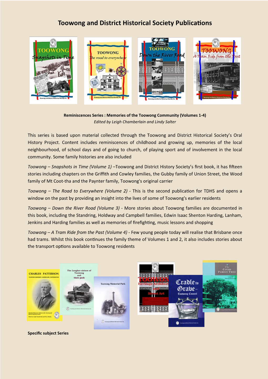 Toowong and District Historical Society Publications
