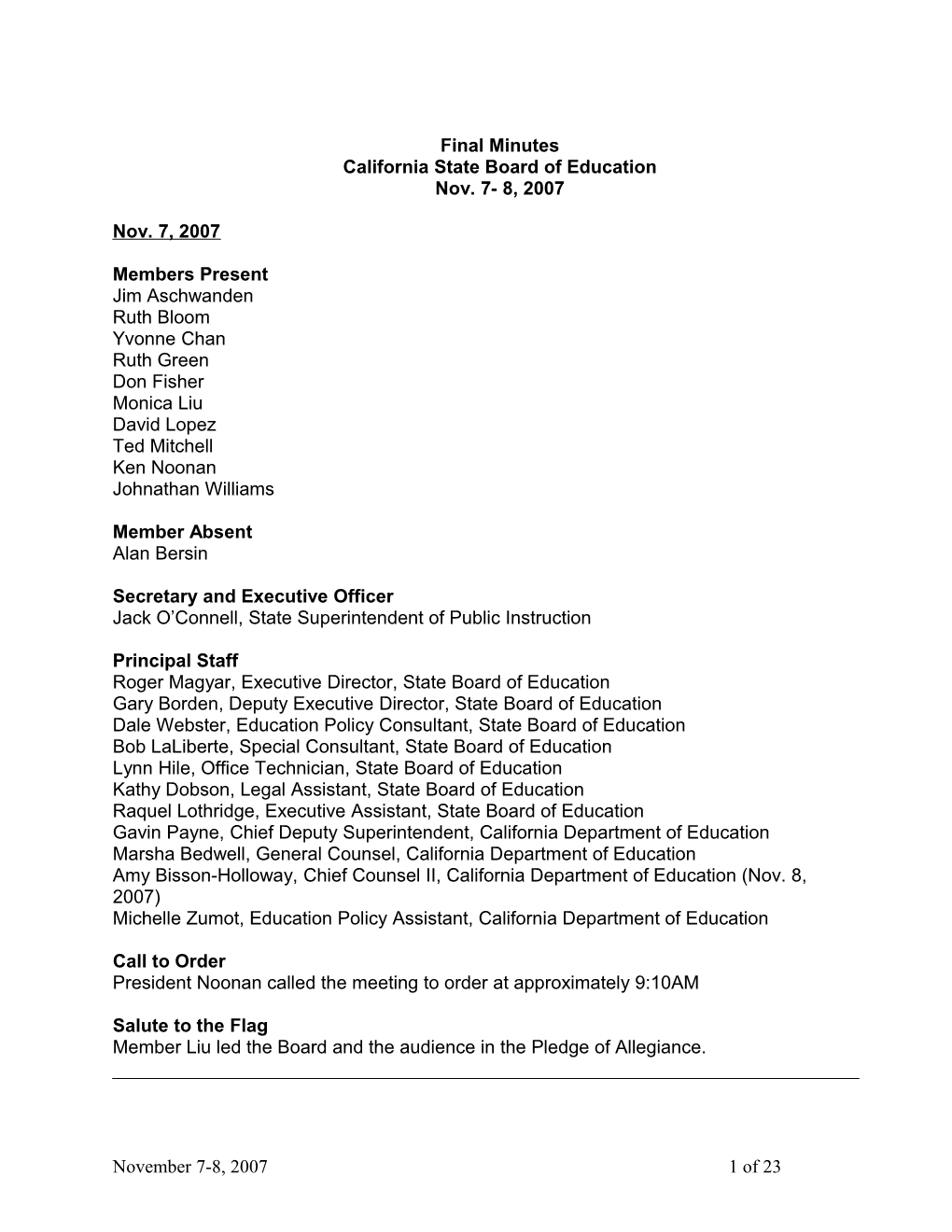 Final Minutes November 7-8, 2007 - SBE Meeting (CA State Board of Education)