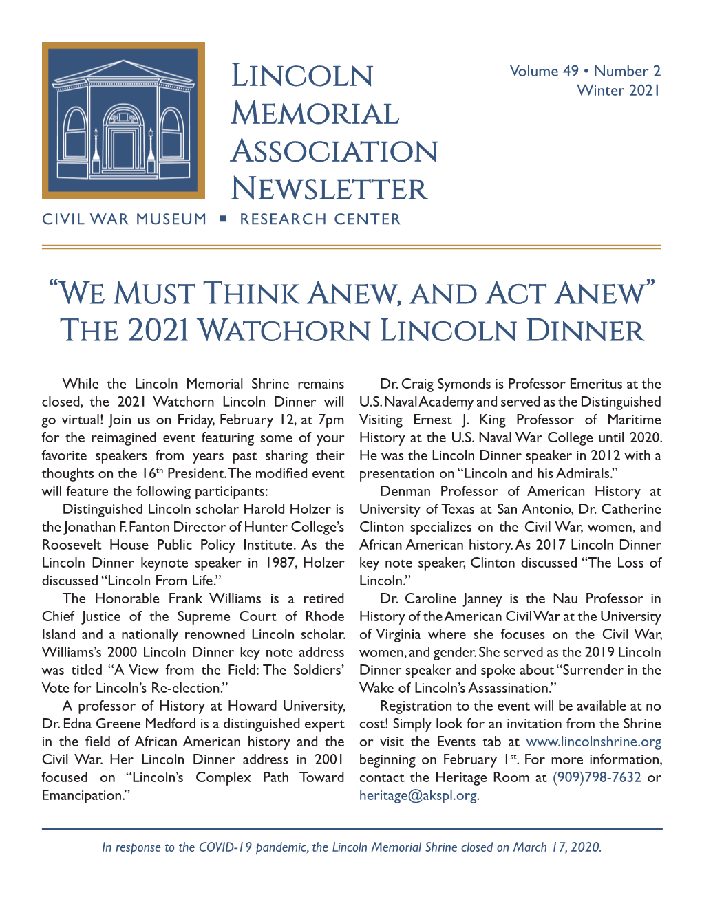 Lincoln Memorial Association Newsletter