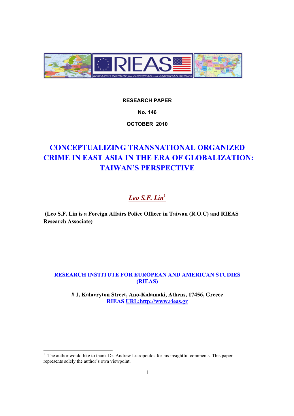 Conceptualizing Transnational Organized Crime in East Asia in the Era of Globalization: Taiwan’S Perspective